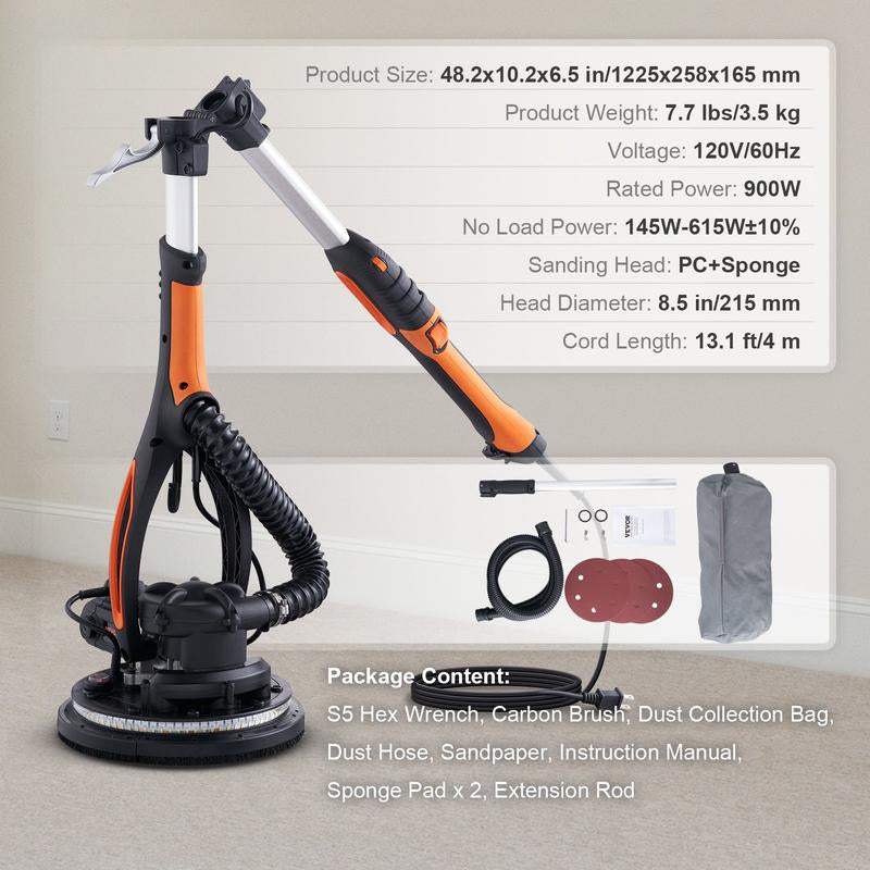 Electric Drywall Sander 900W, Self-Suction & Variable Speed 800-1800 RPM