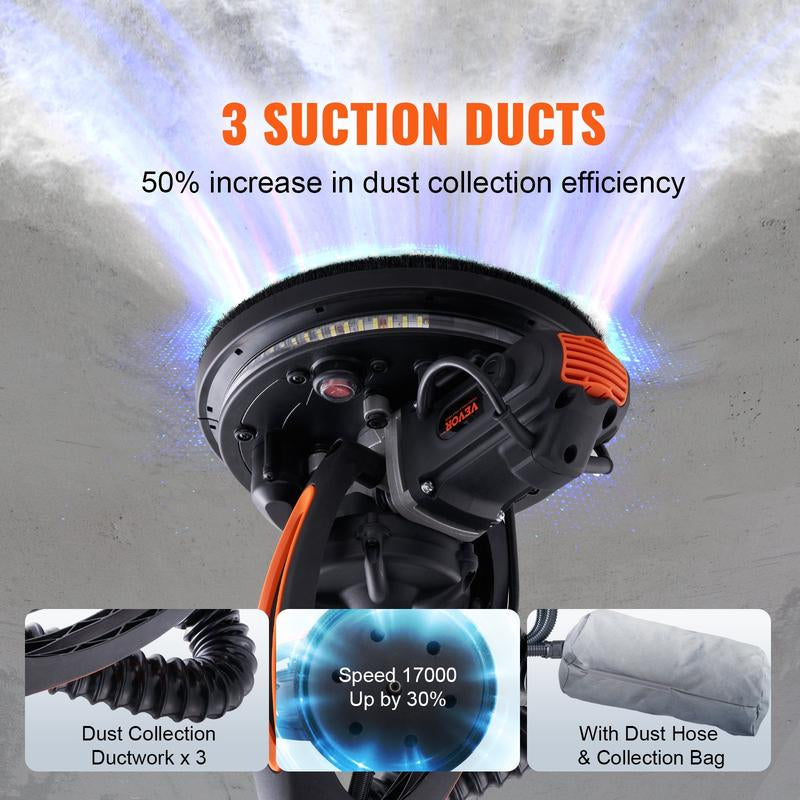 Electric Drywall Sander 900W, Self-Suction & Variable Speed 800-1800 RPM