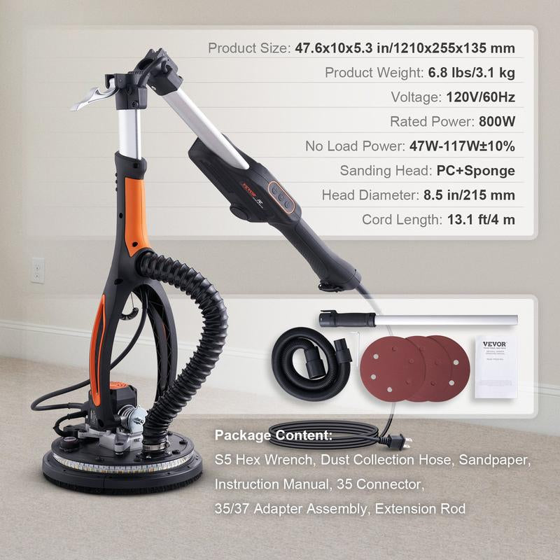 Electric Drywall Sander 900W, Self-Suction & Variable Speed 800-1800 RPM