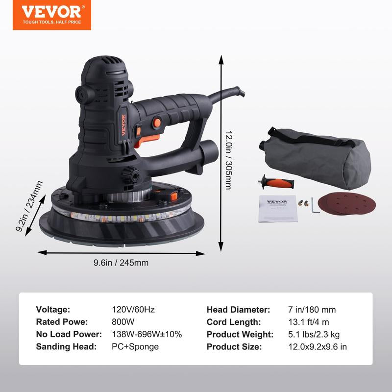 Electric Drywall Sander 900W, Self-Suction & Variable Speed 800-1800 RPM