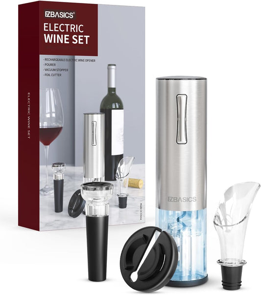 Electric Wine Opener Set with Foil Cutter Vacuum Stopper and Wine Aerator Pourer, Silver