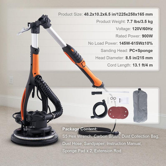 Electric Drywall Sander 900W, Self-Suction & Variable Speed 800-1800 RPM