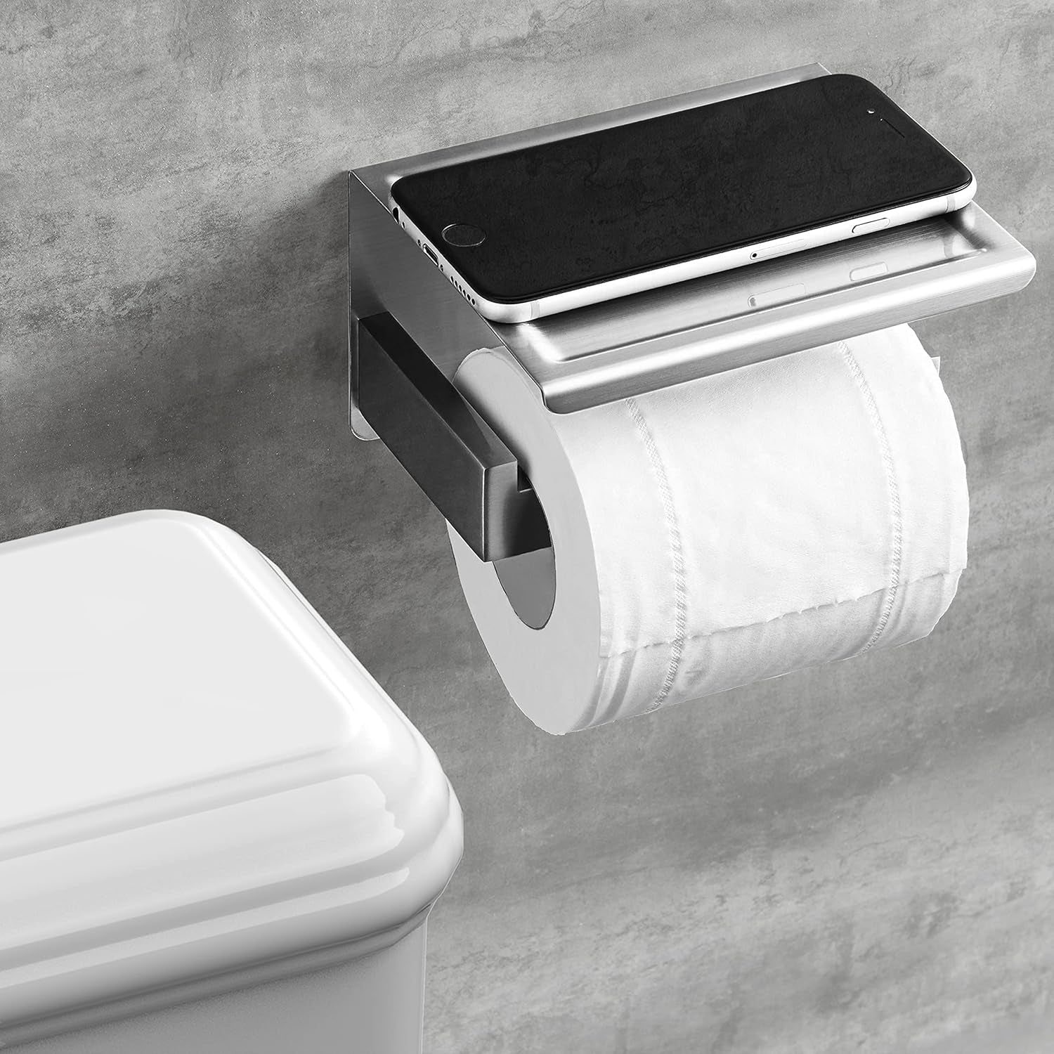 Stick on Silver Toilet Paper Holder with Shelf, Self Adhesive No Drill or Wall-Mount with Screws for Bathroom
