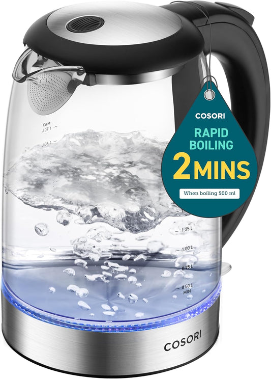 Electric Kettle, No Plastic Filter & Spout, 1.7L Tea Kettle & Hot Water Boiler for Coffee & Tea, Water Heater & Teapot, Automatic Shut Off, Borosilicate Glass, Black, 1500W